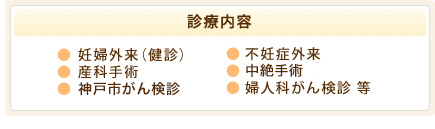 診療内容 妊婦外来(健診) 産科手術 婦人科一般外来 妊婦外来(健診) 産科手術 婦人科一般外来