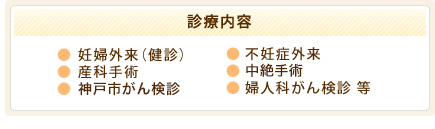 診療内容   妊婦外来（健診） 産科手術 婦人科一般外来 妊婦外来（健診） 産科手術 婦人科一般外来